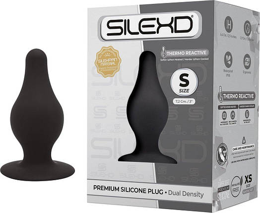 Анальна пробка термореактивна Silexd Plug Model 2 конічної форми, чорна, S, фото 1