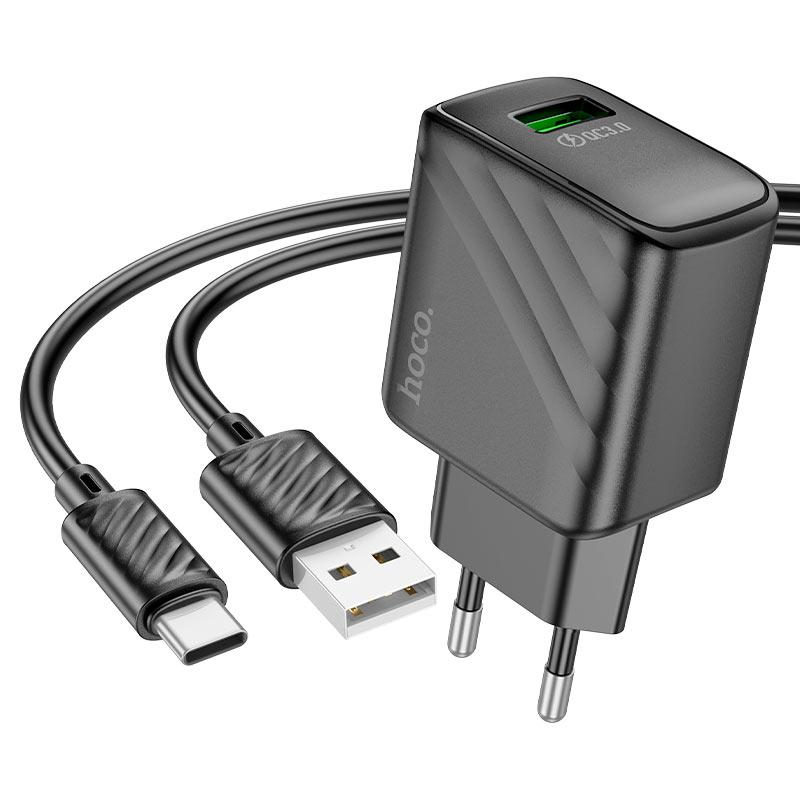 Набір СЗП 110-240V HOCO CS21A+ кабель Type-C, 1xUSB, 18W, кабель 1м, Black, Box