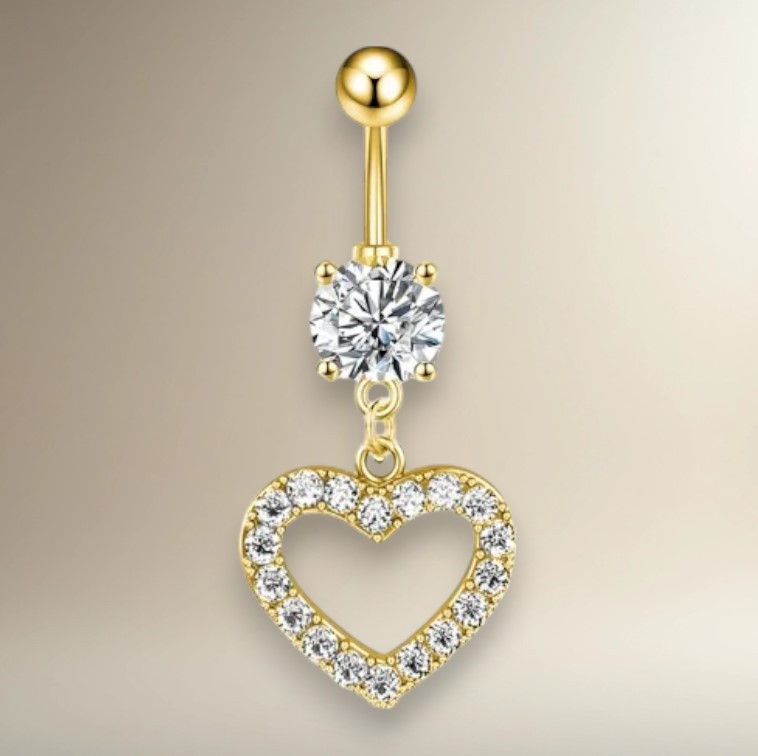 Сережка-банан титанова сталь золотиста коло з підвіскою серце білі камені для пірсингу пупка IgnisFlos672, фото 1