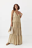 Літній вільний жіночий сарафан на тонких бретелях в смужку хакі довгий сарафан розмір XS/S, фото 6