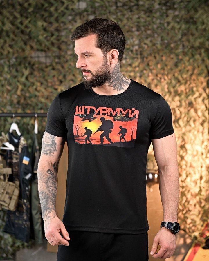 Тактична потовідвідна футболка «Штурмуй» Чорна армійська футболка, фото 1