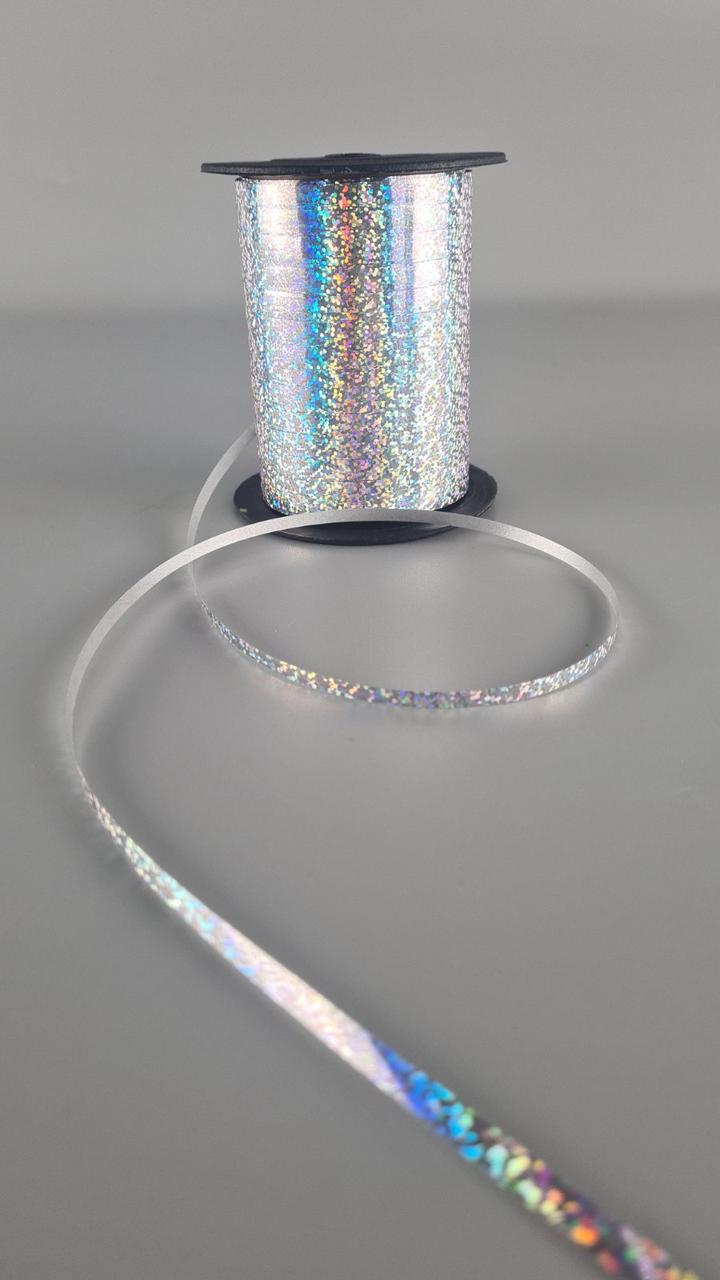 Стрічка для повітряних куль та подарунків 0,5 см х 111 метрів срібна голограма (1 пачка), фото 1