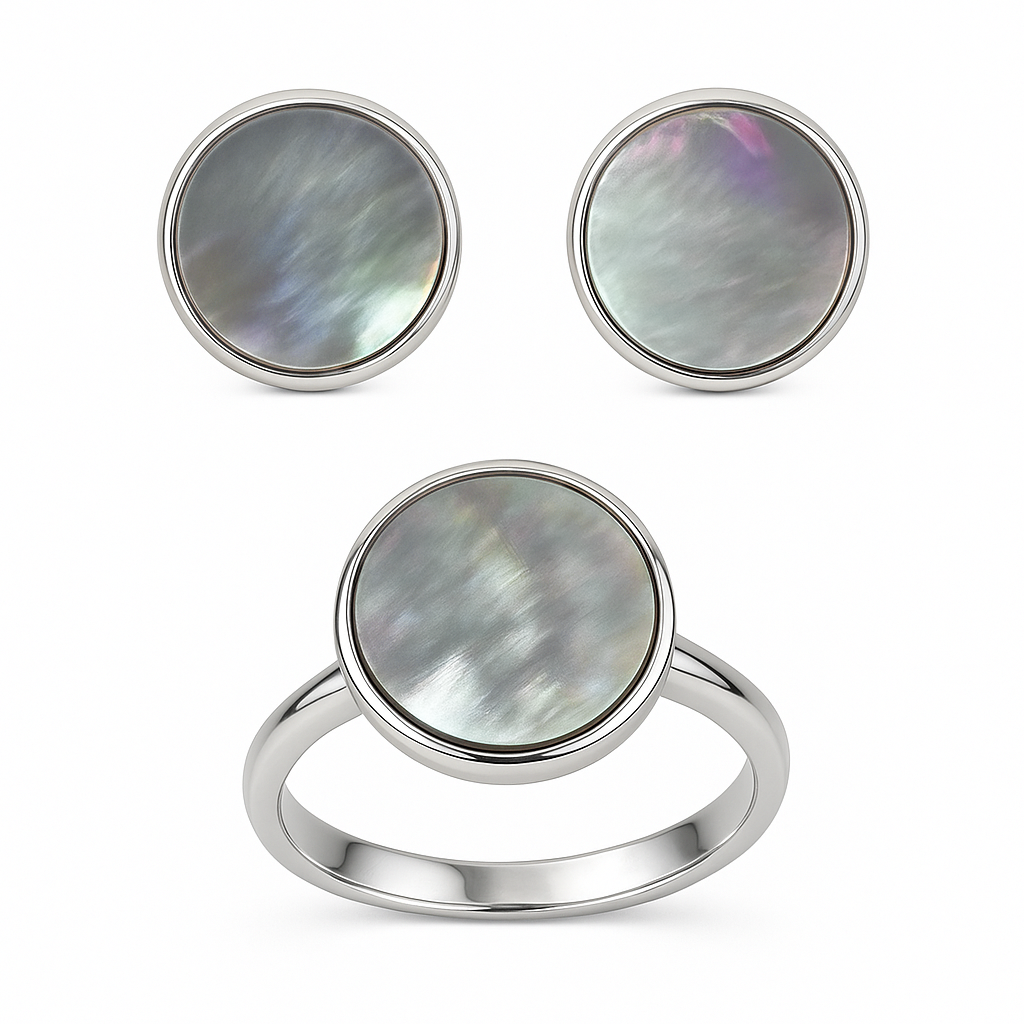 Перламутр срібні каблучка та сережки комплект, 006МП