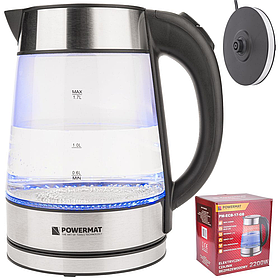Електричний чайник бездротовий скляний LED 2200 Вт Powermat PM0807 скляний електричний чайник з підсвіткою