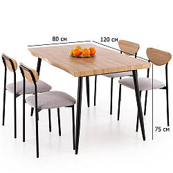 Обідній стіл та стільці на кухню Dicky 120х80 см натуральний ясен з чорними металевими ніжками