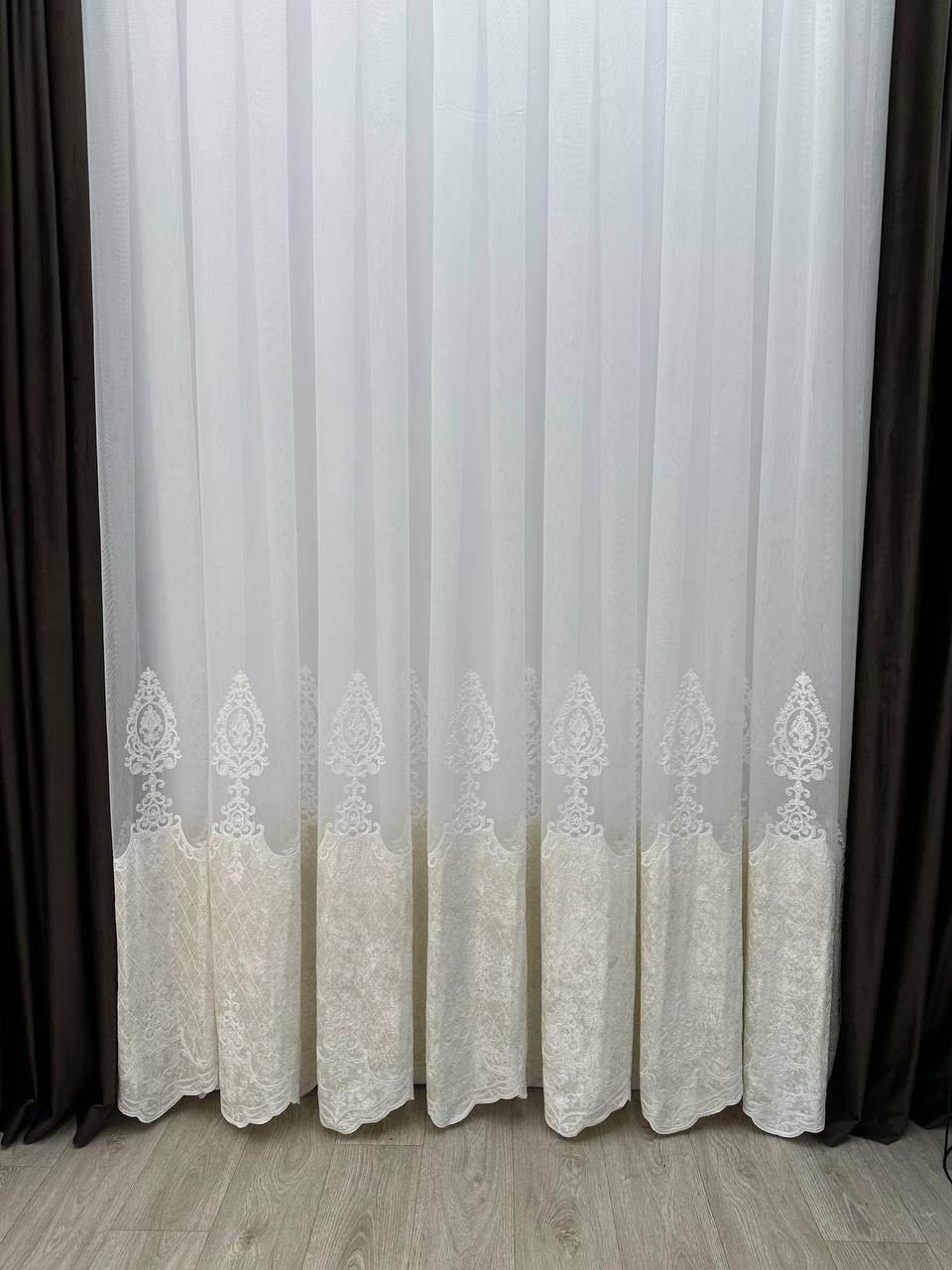 Тюль на бамбуковій основі з оксамитовими вставками та красивою вишивкою по низу. Колір: молочний, фото 1