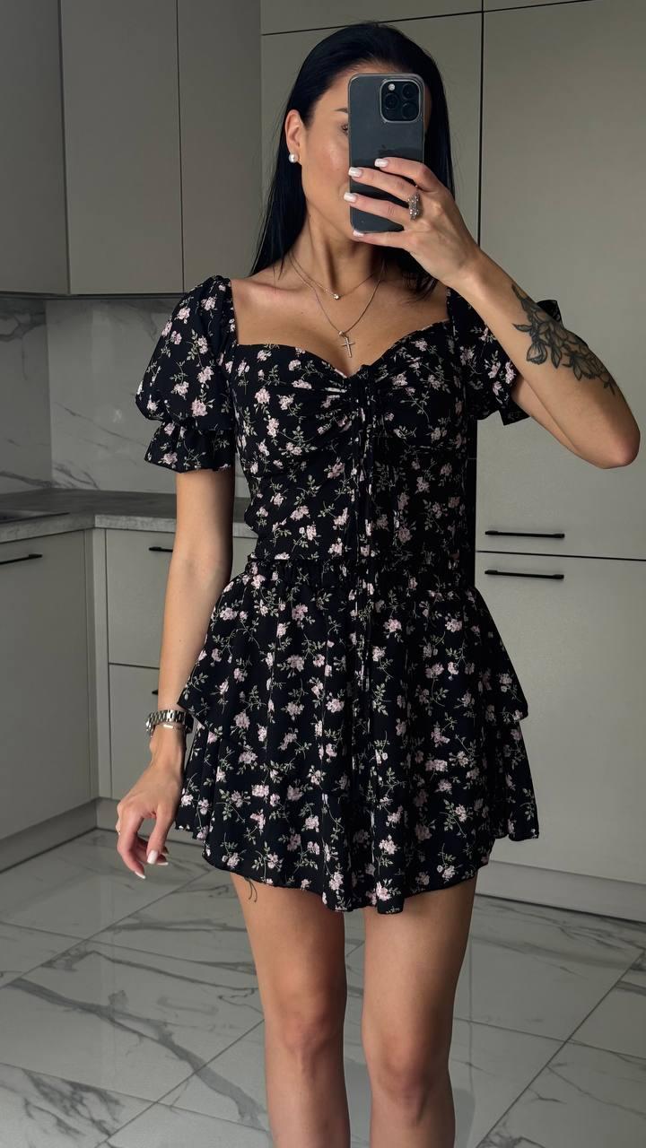 Жіночий ошатний легкий костюм на літо топ з куліскою короткий рукав спідниця-шорти літній костюмчик софт принт, фото 1