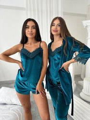 Домашній ВЕЛЮРОВИЙ Комплект З МЕРЕЖИВОМ 4-ка шорти, майка, штани, халат, СМАРАГД К44-44