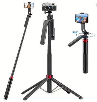 Трипод-монопод-сельфіпалиця, затискач для телефона, різь 1/4" для фотопарату, блютуз кнопка спуску, метал