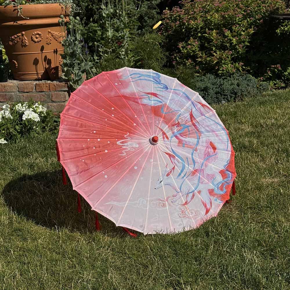 Парасолька декоративна китайська з китицями Червона - Вогняна куміхо, фото 1