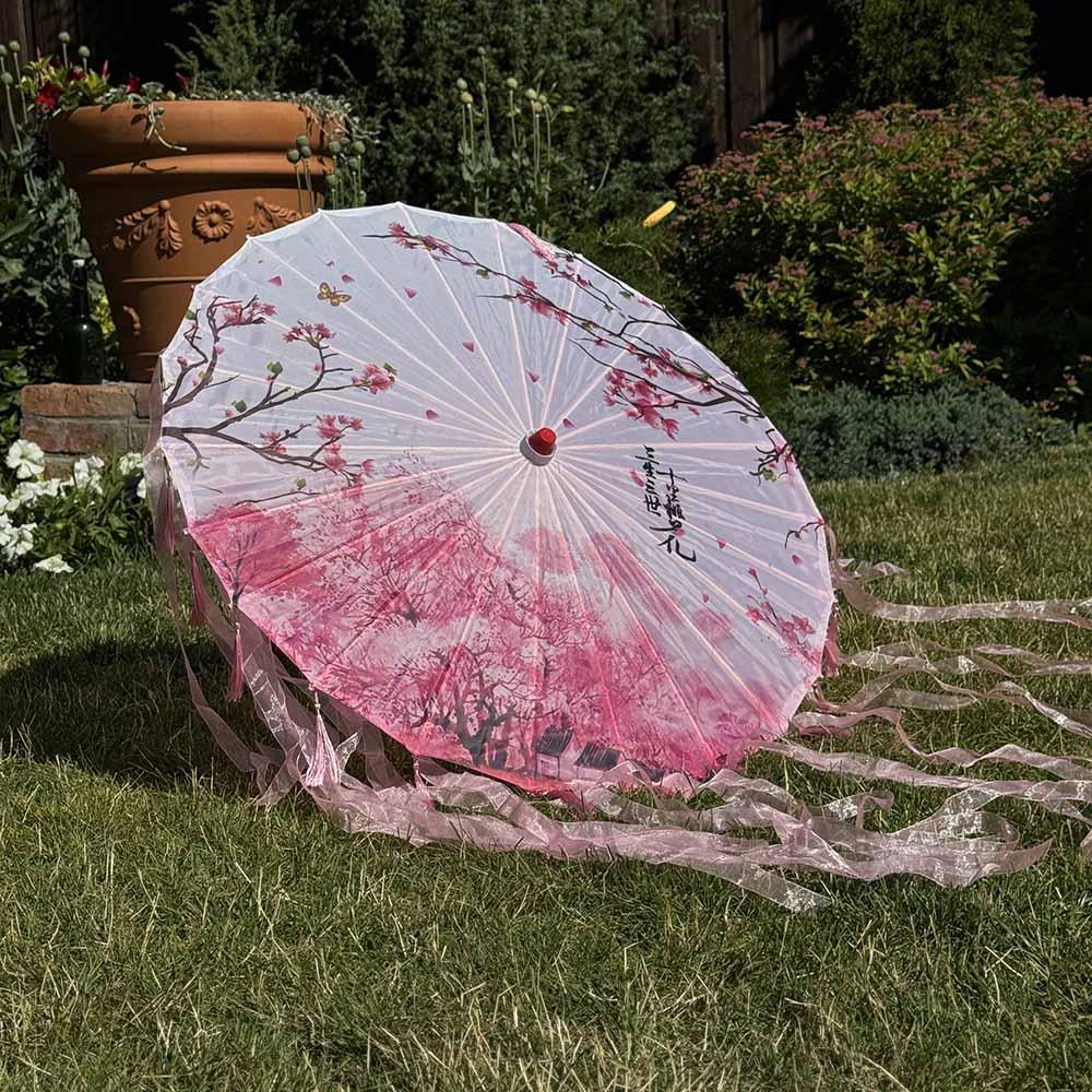 Рожева літня парасолька від сонця зі стрічками для фотографій Пишне цвітіння вишні, фото 1