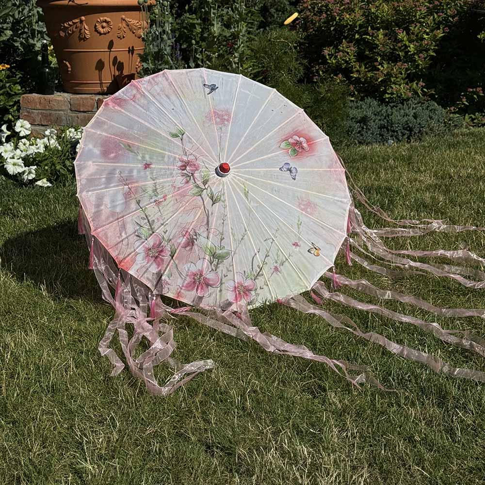 Рожева літня парасолька від сонця зі стрічками для фотографій Літній день, фото 1