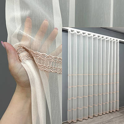 Готова тюль (3х2,7м.) з тканини бамбук з вишивкою. Колір молочний з пудровим. Код 1726т 42-0750