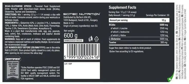 Bcaa Амінокислоти Глютамін Scitec Nutrition BCAA + Glutamine Xpress 600 г мохіто, фото 2