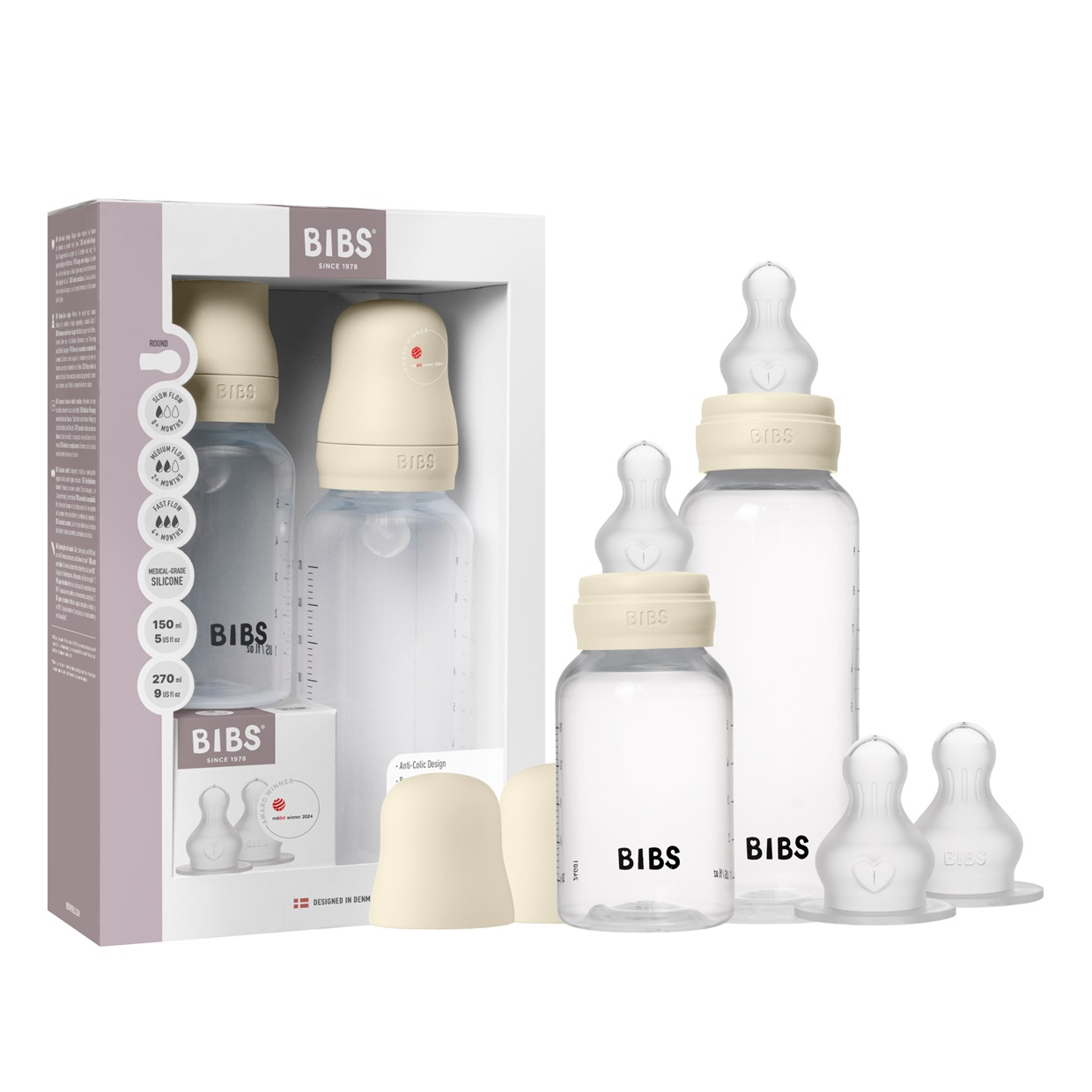 Набір пляшечок для годування BIBS Grow and Flow Baby Bottle Round Silicone Set 150ml /270ml, Ivory, фото 1