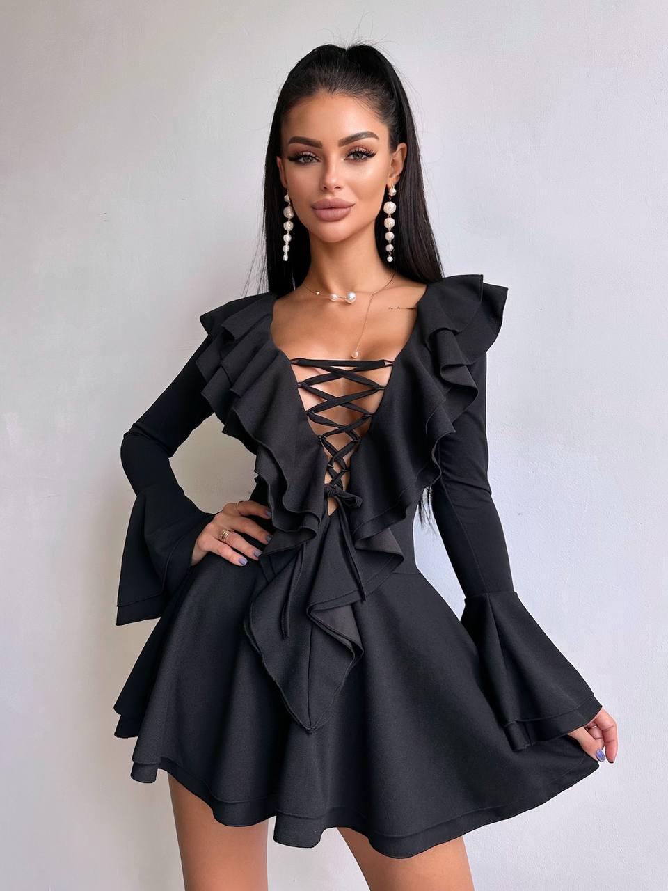 Коротка сукня з воланами та шнурівкою на грудях з розкльошеними рукавами (р. S, M) 66036059Е, фото 1