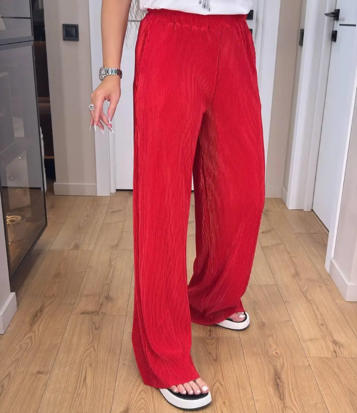 Легкі літні жіночі штани палаццо на гумці червоні вільні широкі штани жіночі на літо штани плісе, фото 1