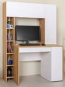 Сучасний комп’ютерний стіл з надбудовою, полицями та висувним ящиком СЛТ - 10, колір Дуб артізан + Білий