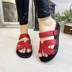 Шльопанці жіночі червоні на липучці. Натуральна шкіра флотар
