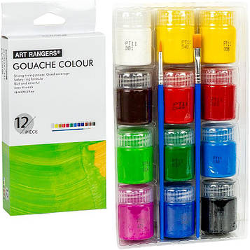 Гуаш фарби для малювання Набір 12 кольорів по 15 мл + 2 пензлики