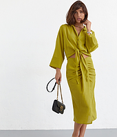 Літній спідничний жіночий костюм з блузкою на зав'язках гірчичний красивий костюм зі спідницею міді розмір Л