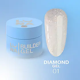 Гель Diamond Gel LunaMoon з блискітками №01 (Молочний), вирівнювання та нарощування нігтів, 15 мл.
