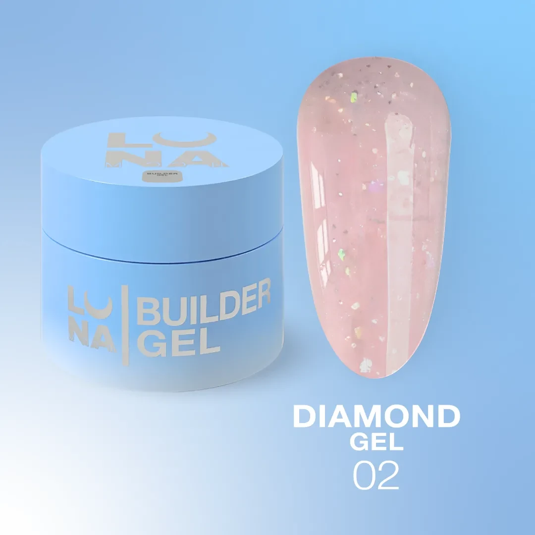 Гель Diamond Gel LunaMoon з блискітками №02 (Ніжно-рожевий), вирівнювання та нарощування нігтів, 15 мл., фото 1
