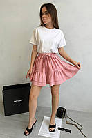 Женская короткая юбка-шорты из льна розовая летняя на резинке высокая посадка 42-44 46-48