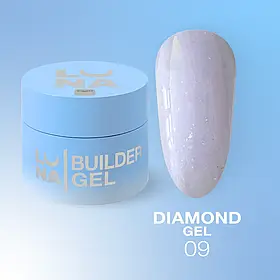Гель Diamond Gel LunaMoon з блискітками №09 (Ніжно-ліловий), вирівнювання та нарощування нігтів, 15 мл.