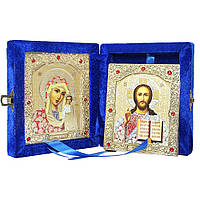 Ікона "Богородиця Казанська та Спаситель" в оксамиті з камінням синя