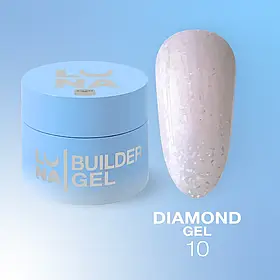 Гель Diamond Gel LunaMoon з блискітками №10 (Ніжно-персиковий), вирівнювання та нарощування нігтів, 15 мл.