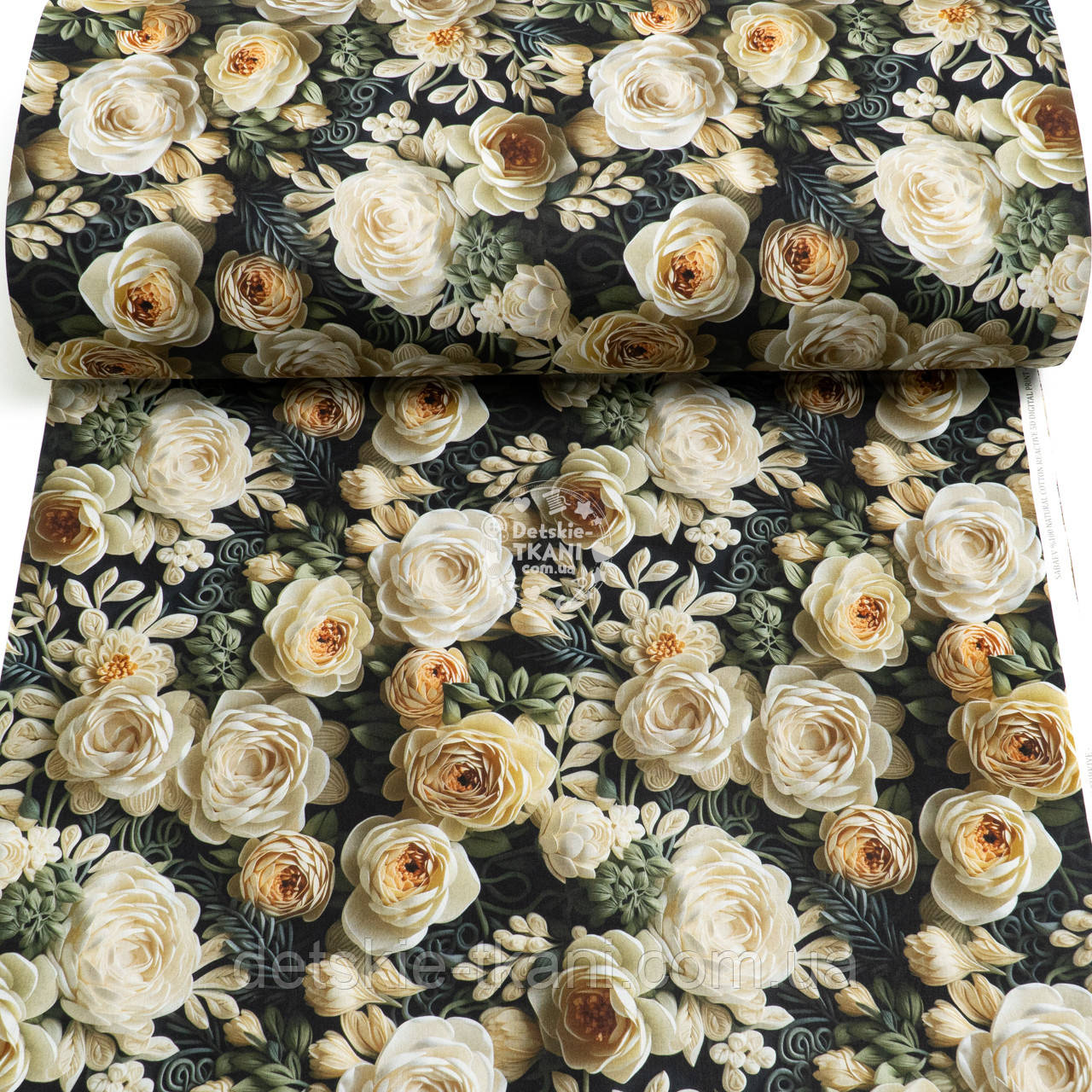 Ранфорс digital з цифровим друком 5D "Молочно-бежеві троянди на темному тлі", №5656, фото 1
