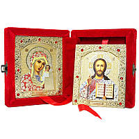 Ікона "Богородиця Казанська та Спаситель" в оксамиті з камінням червона