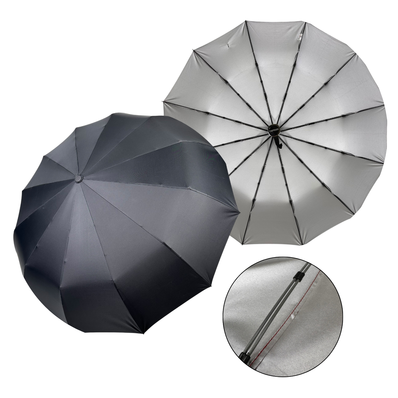 Однотонна парасоля автомат зі сріблом всередині купола на 12 подвійних спиць від Toprain,чорний, 04012-3, фото 1