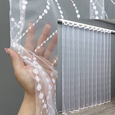 Уцінка! Готова (3х2,7м.) тюль фатин з вишивкою. Колір холодний білий. Код 1728т 49-224