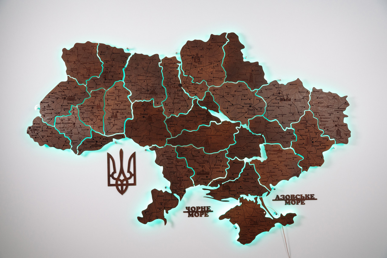 Дерев'яна карта України колір Горіх з підсвічуванням на акрилі 138х92 см, фото 1