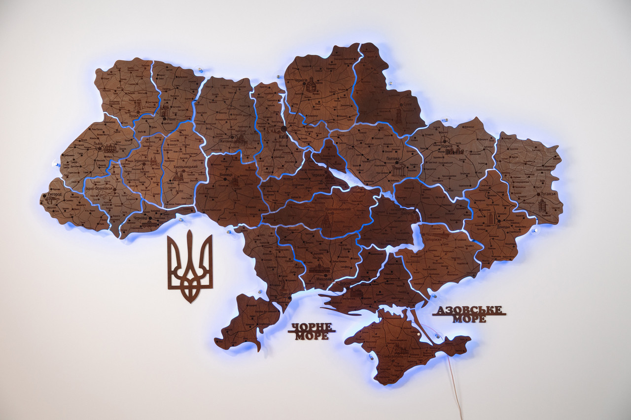 Дерев'яна карта України колір Горіх з підсвічуванням на акрилі 207х138 см, фото 1