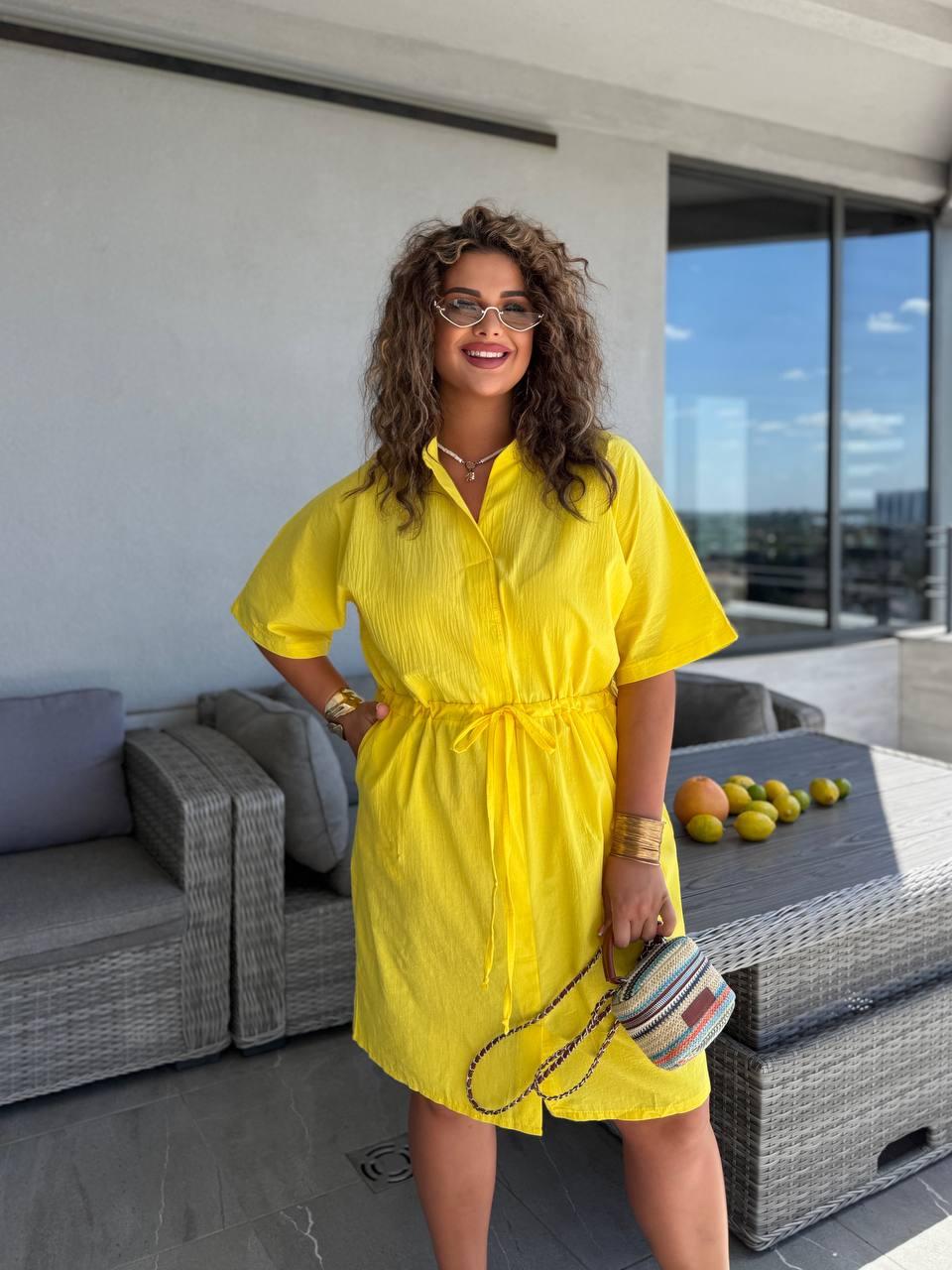 Жовте літнє легке плаття на кулісці з жатого батисту батал, фото 1