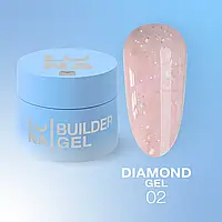 Гель Diamond Gel LunaMoon з блискітками №02 (Ніжно-рожевий), вирівнювання та нарощування нігтів, 15 мл.