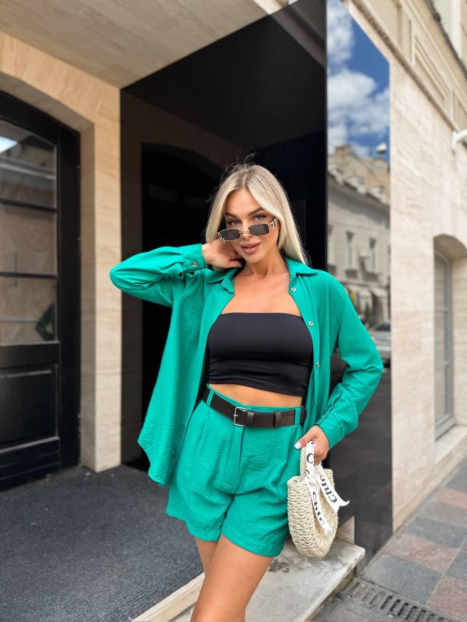 Зелений жіночий літній прогулянковий костюм із жатого льону, фото 1