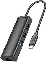 USB Hoco HB42 Easy safety 4-in-1 Gigabit Ethernet Adapter(Type-C to USB3.0*3+RJ45) 0.2M Black