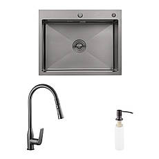 Комплект кухонна мийка Kroner Schwarze-6350HM PVD + змішувач Graz-GRP030 + дозатор Spender-026