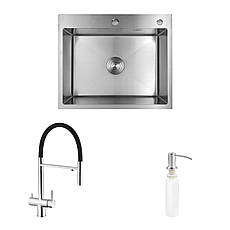 Комплект кухонна мийка Kroner Gebürstet-6050HM + змішувач Klassisch-ESG03815BLK + дозатор Spender-016