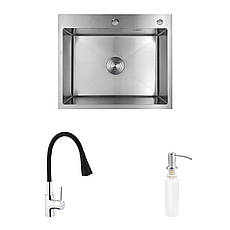 Комплект кухонна мийка Kroner Gebürstet-6050HM + змішувач Küche-C031BLK + дозатор Spender-016