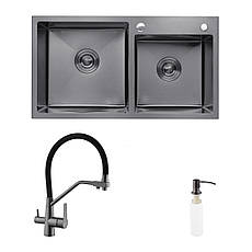 Комплект кухонна мийка Kroner Schwarze-7843ZHM PVD + змішувач Edelstahl Klassisch-PVD03817BLK + дозатор