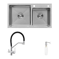 Комплект кухонна мійка Kroner Gebürstet-7843ZHM + змішувач Edelstahl Klassisch-ESG03817BLK + дозатор