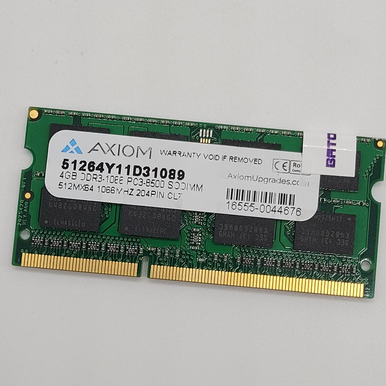 Оперативна пам'ять для ноутбука Axiom SODIMM DDR3 4Gb 1066MHz PC3-8500s 2R8 CL7 (51264Y11D31089) Б/В