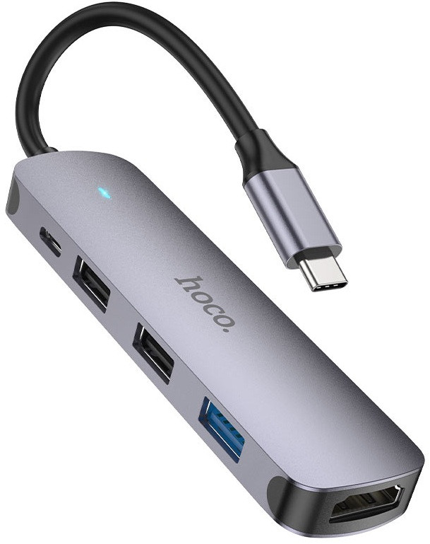 USB HUB Hoco HB27 Type-C multi-function converter(HDTV+USB3.0+USB2.0*2+PD) Metal Grey (6931474769329), фото 1