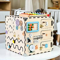 Дитячий бізікуб 30*30*30 дерев'яний розвивальний Бізіборд для дрібної моторики дітей дівчинки хлопчика іграшка