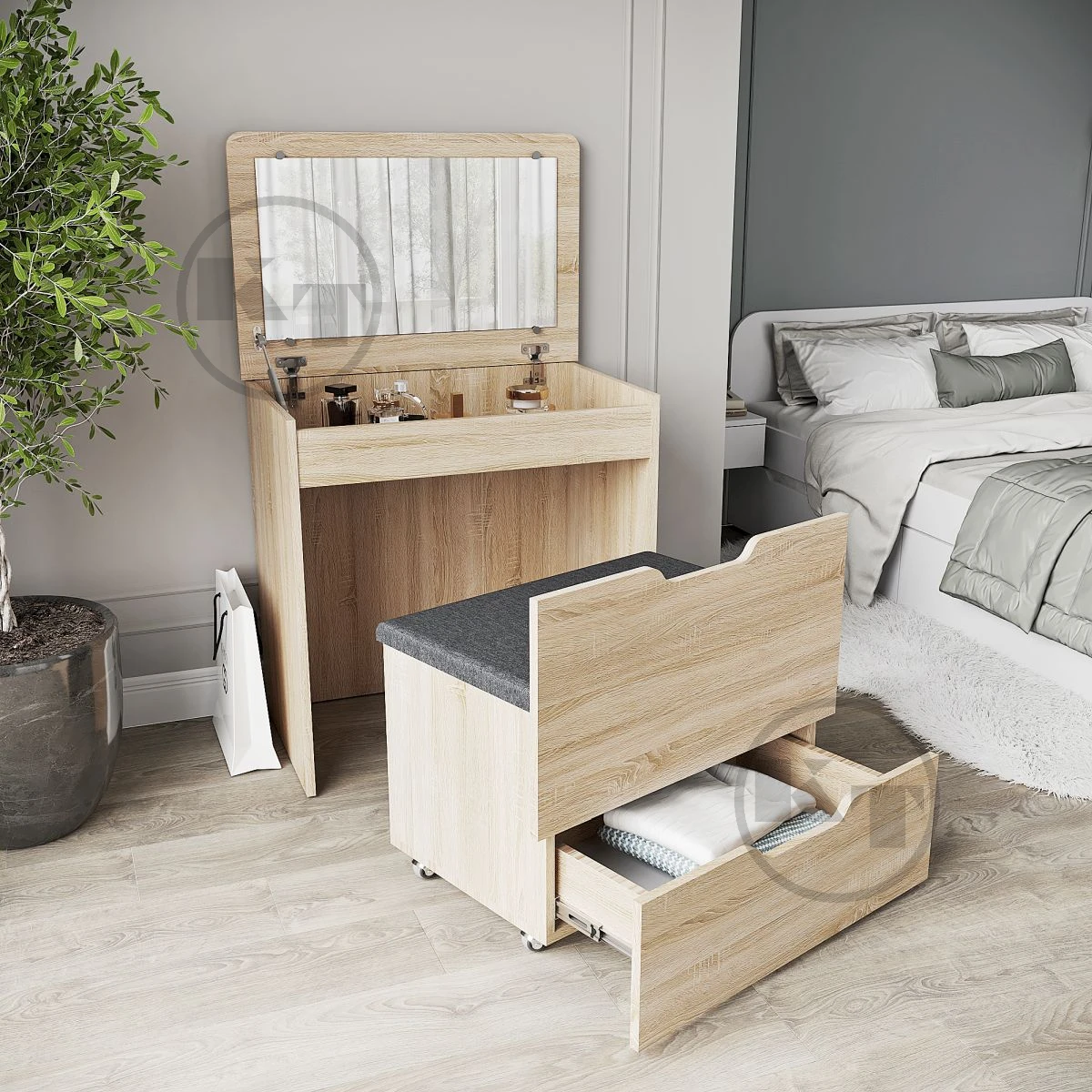 Туалетний стіл з дзеркалом і розкладним пуфом Компаніт трюмо-12, фото 1